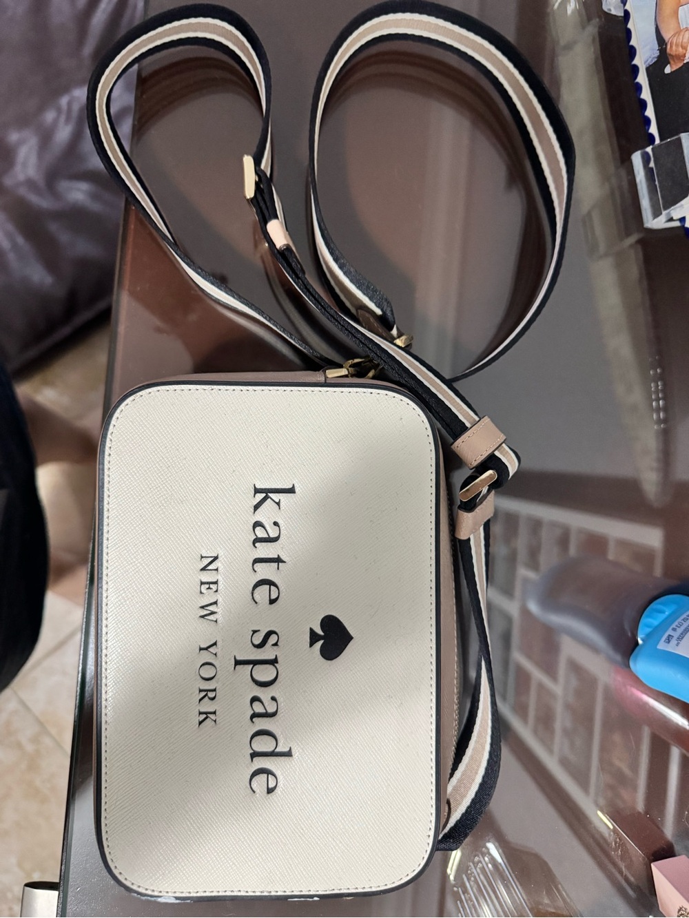kate spade Cream and Black Crossbody Satchel with Striped Strap